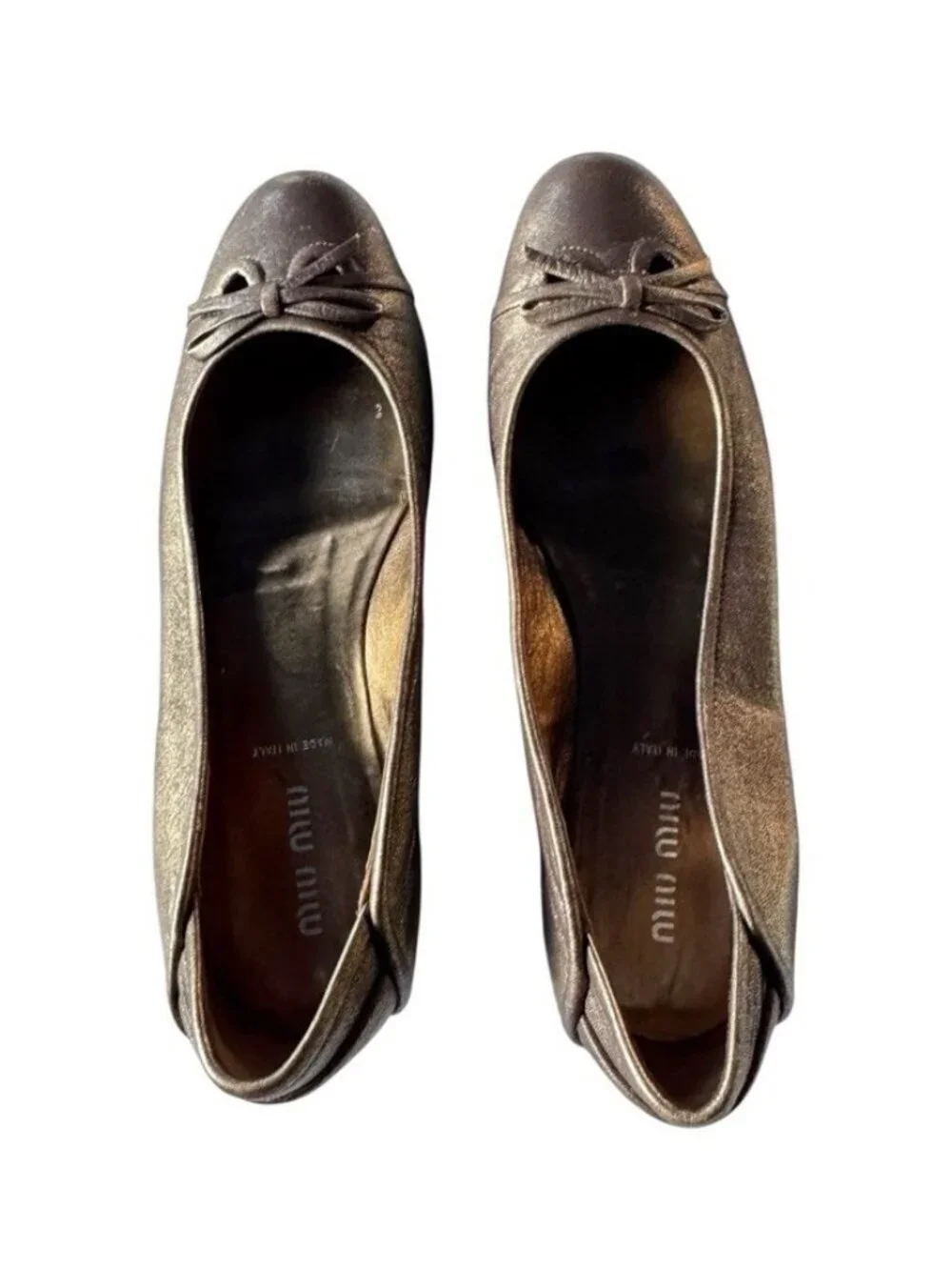 VTG Miu Miu Women's Sz 37.5 US 7 Metallic Bronze Gold Bow Detail Ballet Flats